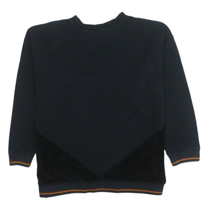 Brand and care label for Adidas women’s black crew neck pullover sweatshirt, size UK 14, relaxed fit
