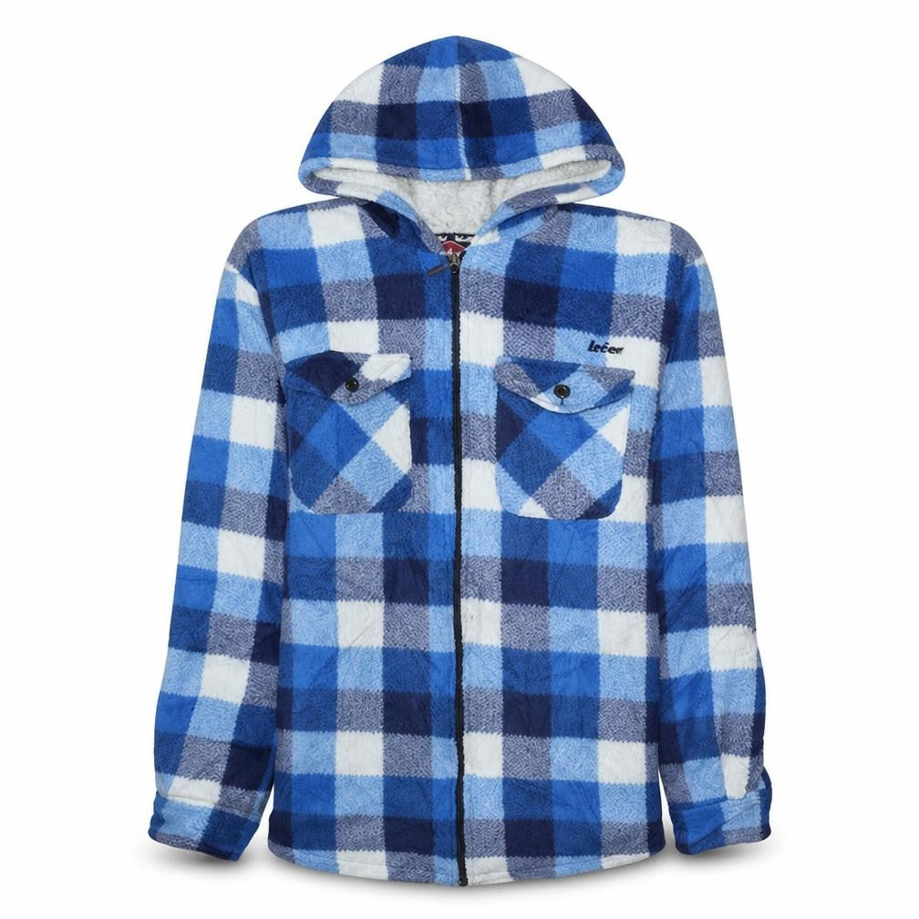Lee Cooper Men Blue Check Hooded Fleece Jacket L