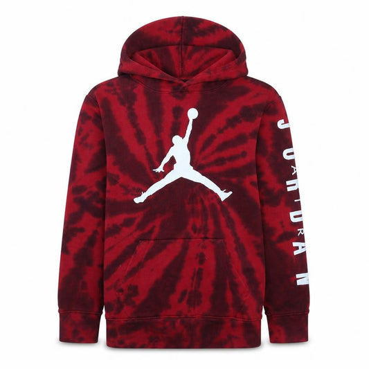 Front view of Jordan boys’ red black tie dye pullover hoodie 12-13 years logo fleece