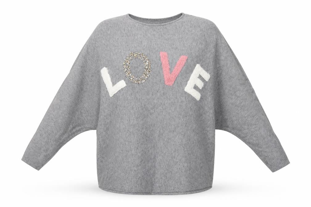Apricot Womens Grey LOVE Beaded Crew Neck Batwing Jumper M