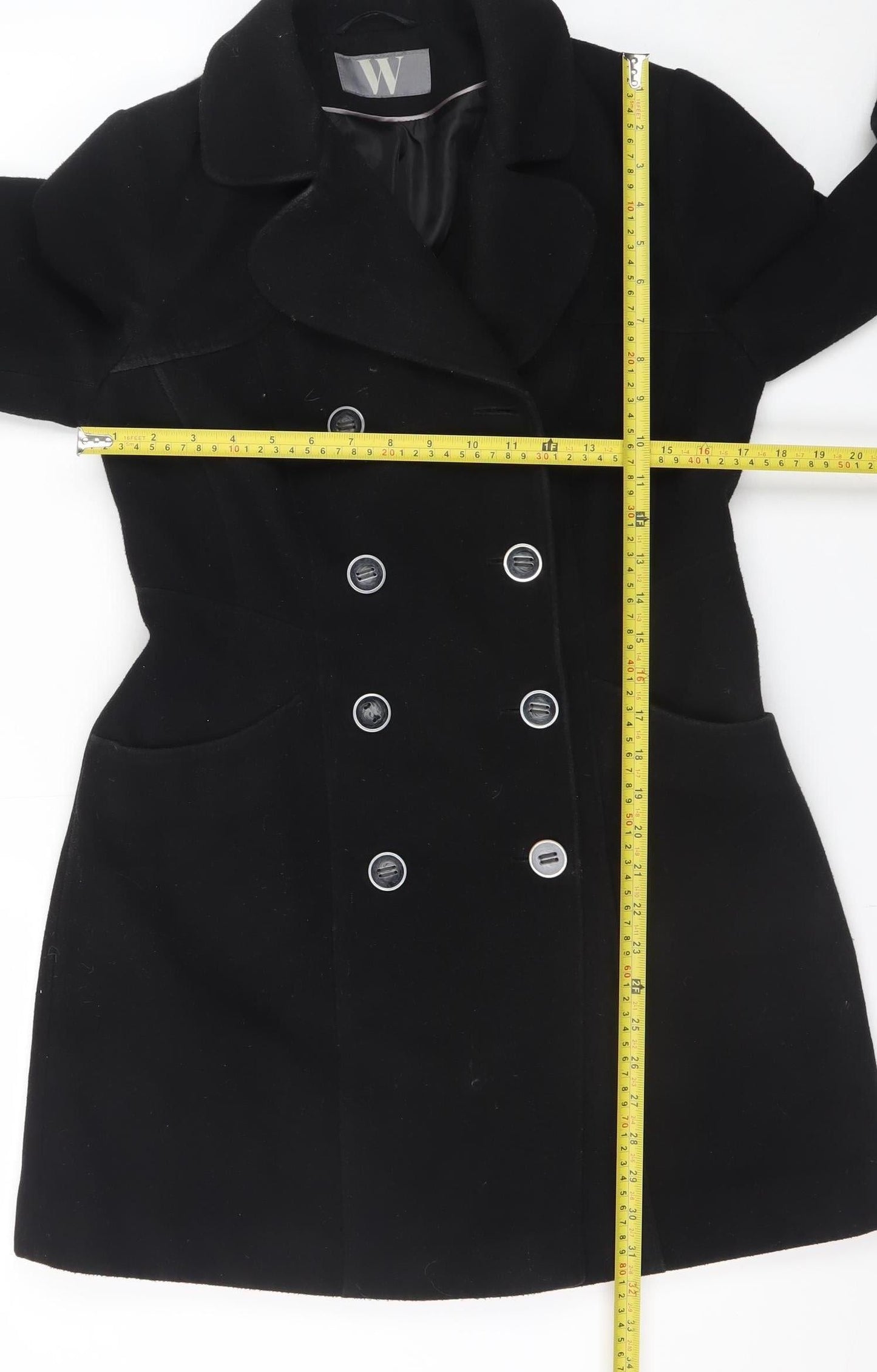 BHS Womens Black Wool Look Pea Coat Size 10 Double Breasted Classic Style