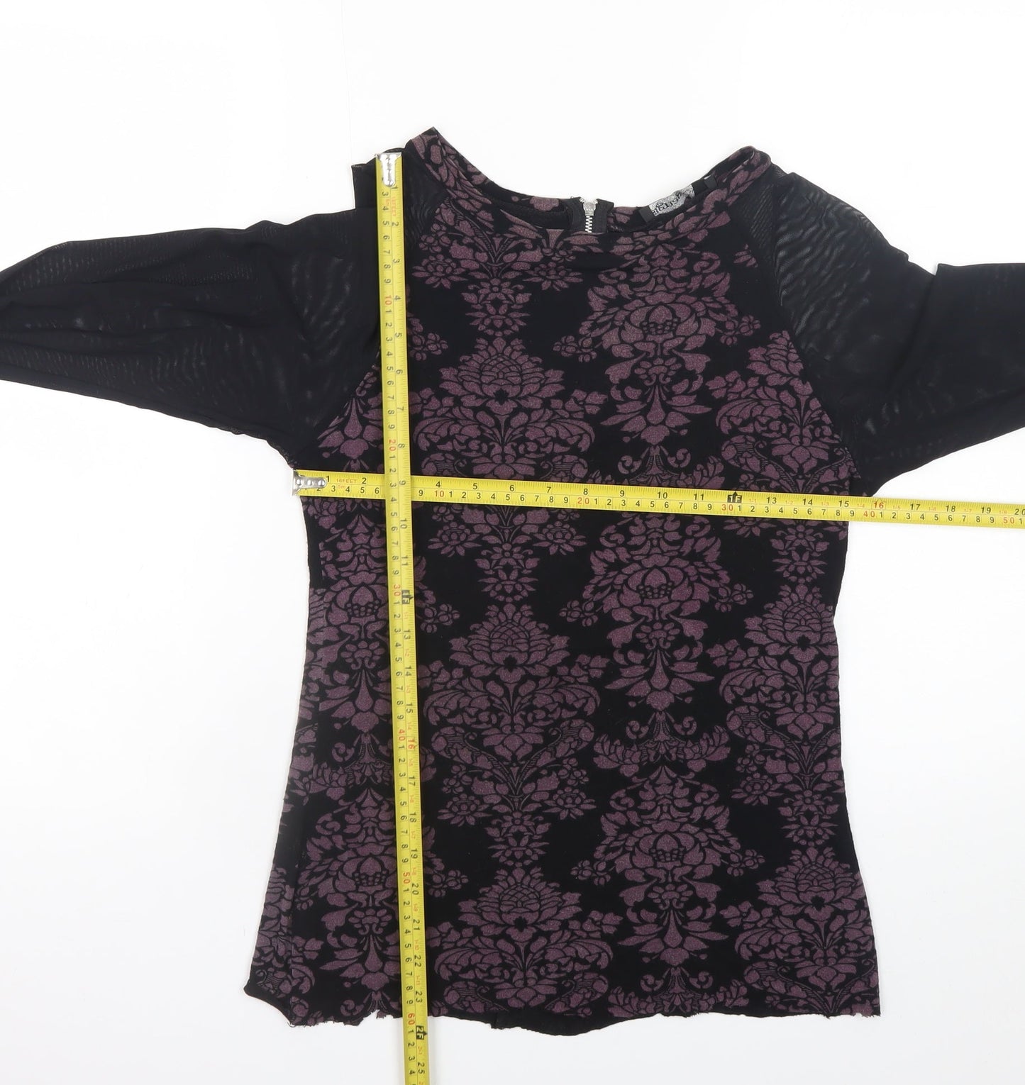 Sigeag Womens Black Purple Floral Long Sleeve Zip Blouse Size L