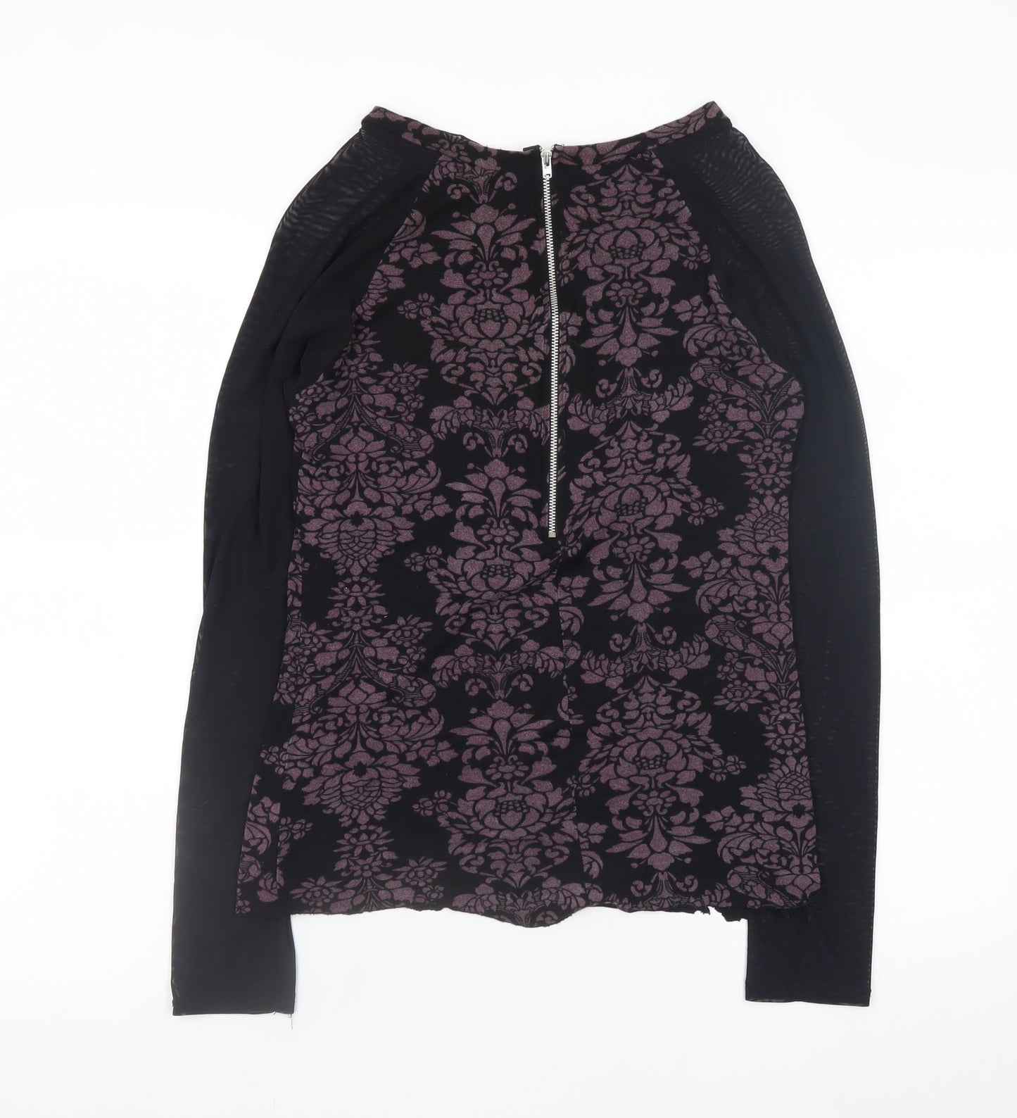 Sigeag Womens Black Purple Floral Long Sleeve Zip Blouse Size L