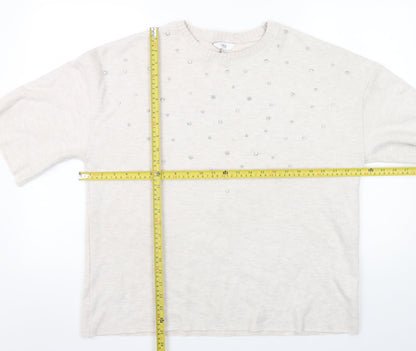 Marks & Spencer Women’s Beige Beaded Short Sleeve Pullover Jumper Size 14