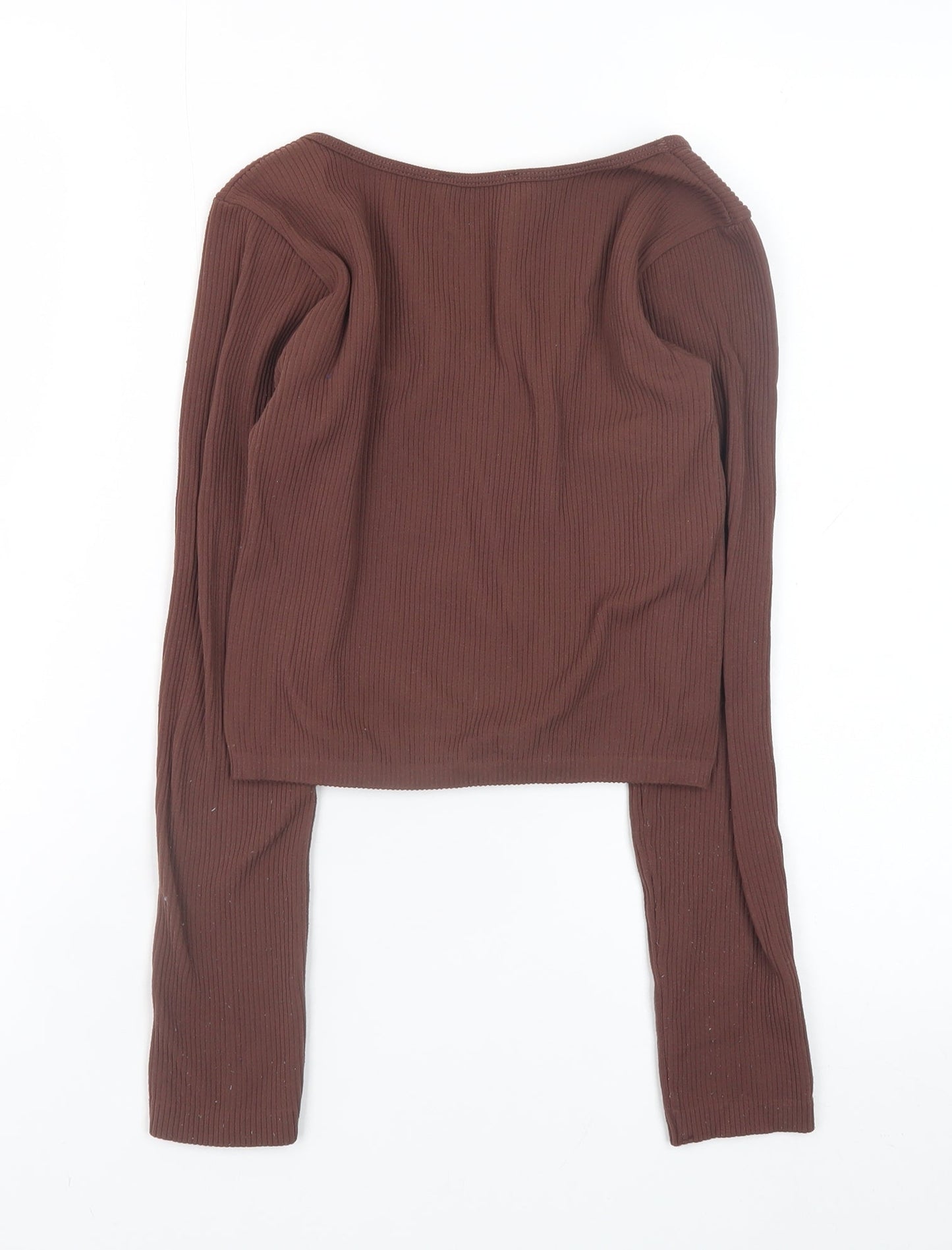 Zara Women Brown Cropped Ribbed Long Sleeve Square Neck Top XS