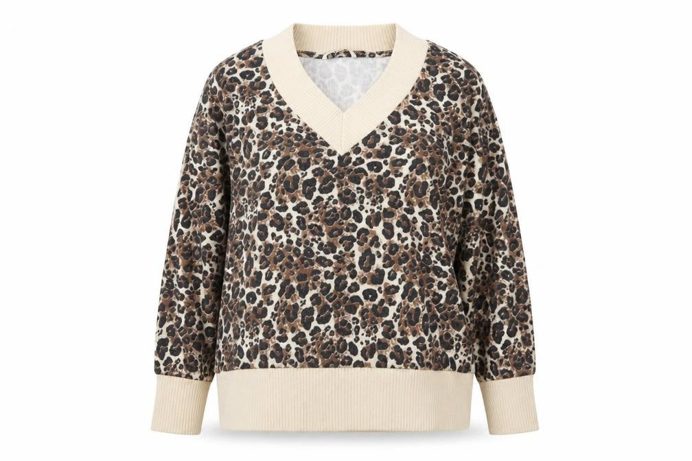 Tu Women Beige Leopard Print V-Neck Pullover Jumper Size M