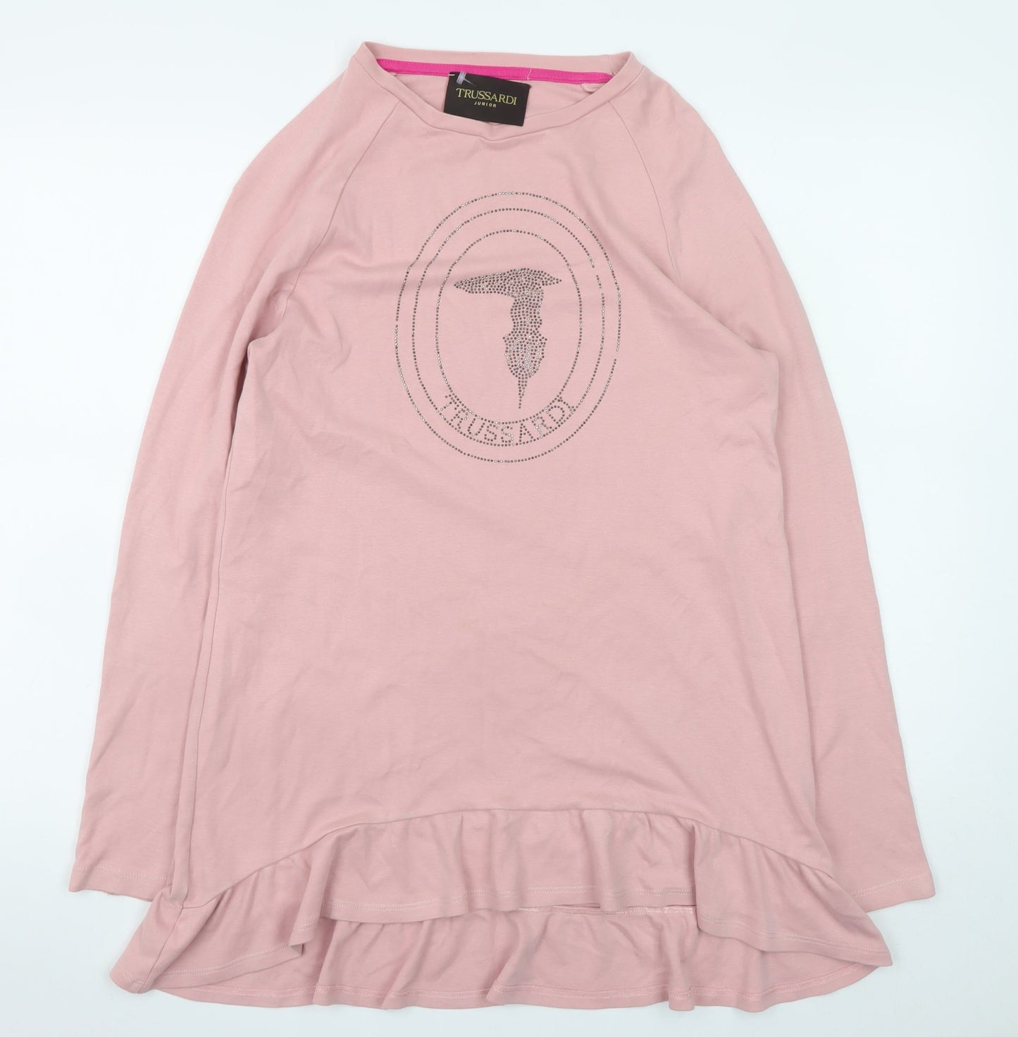 Trussardi Junior Girls Pink Cotton Rhinestone Logo Long Sleeve T-Shirt Dress 16 Years