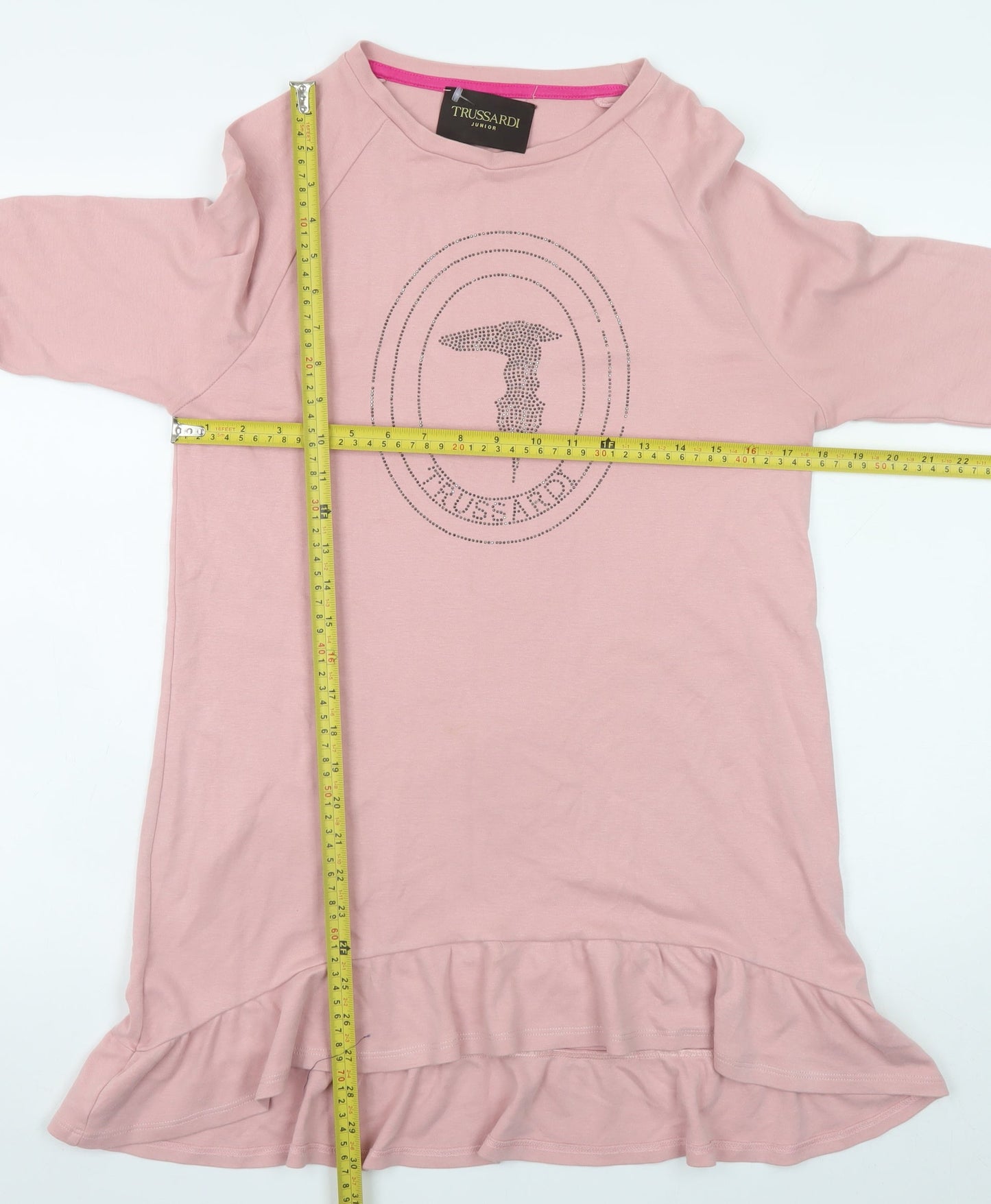 Trussardi Junior Girls Pink Cotton Rhinestone Logo Long Sleeve T-Shirt Dress 16 Years
