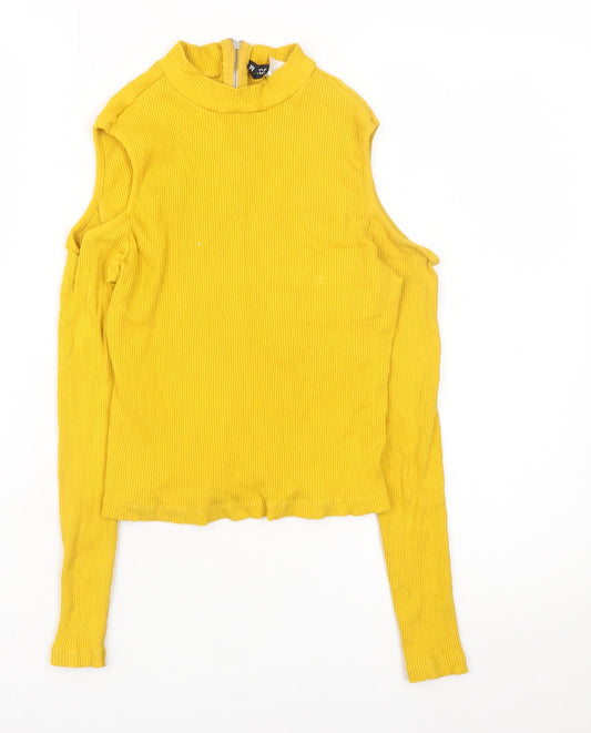 H&M Women Yellow Mock Neck Cold Shoulder Ribbed Top Size M