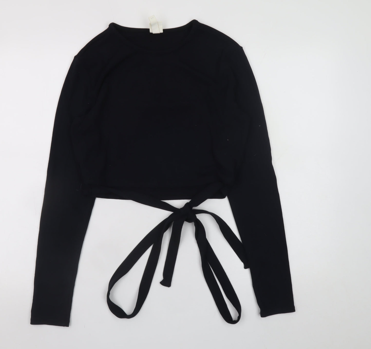 H&M Women’s Black Cropped Tie Waist Long Sleeve Jersey Top Size 12