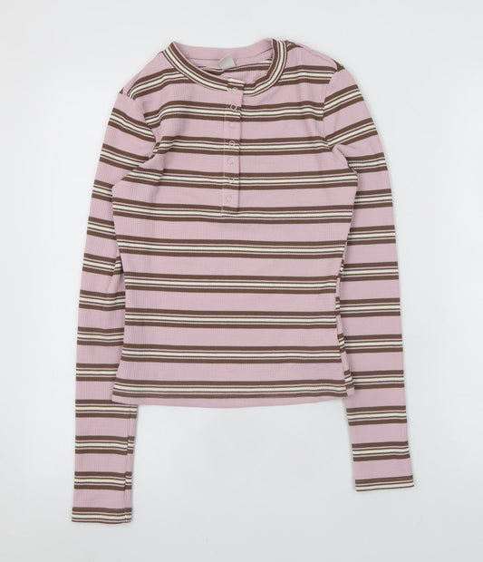 Musera Womens Pink Striped Henley Long Sleeve T-Shirt XS