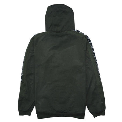 Brand and care label for Adidas men’s green pullover hoodie, size M, regular fit sportswear