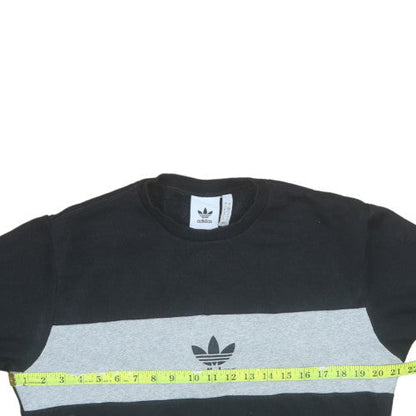 Close-up detail of Adidas men’s black grey crew neck logo pullover sweatshirt s