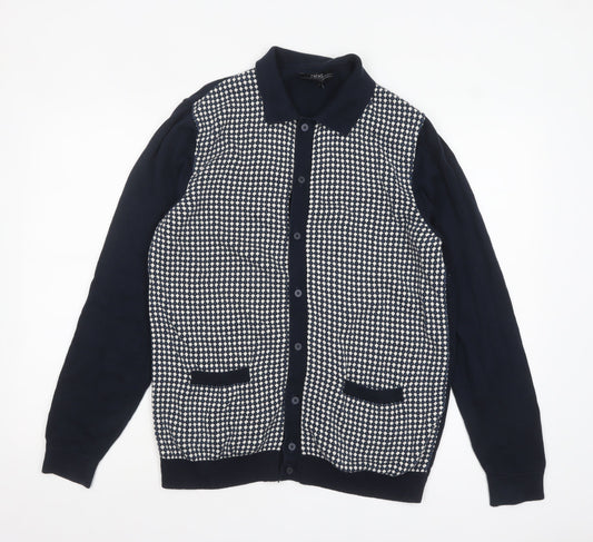 Next Men's Blue Collared Cotton Cardigan Large Geometric Knit