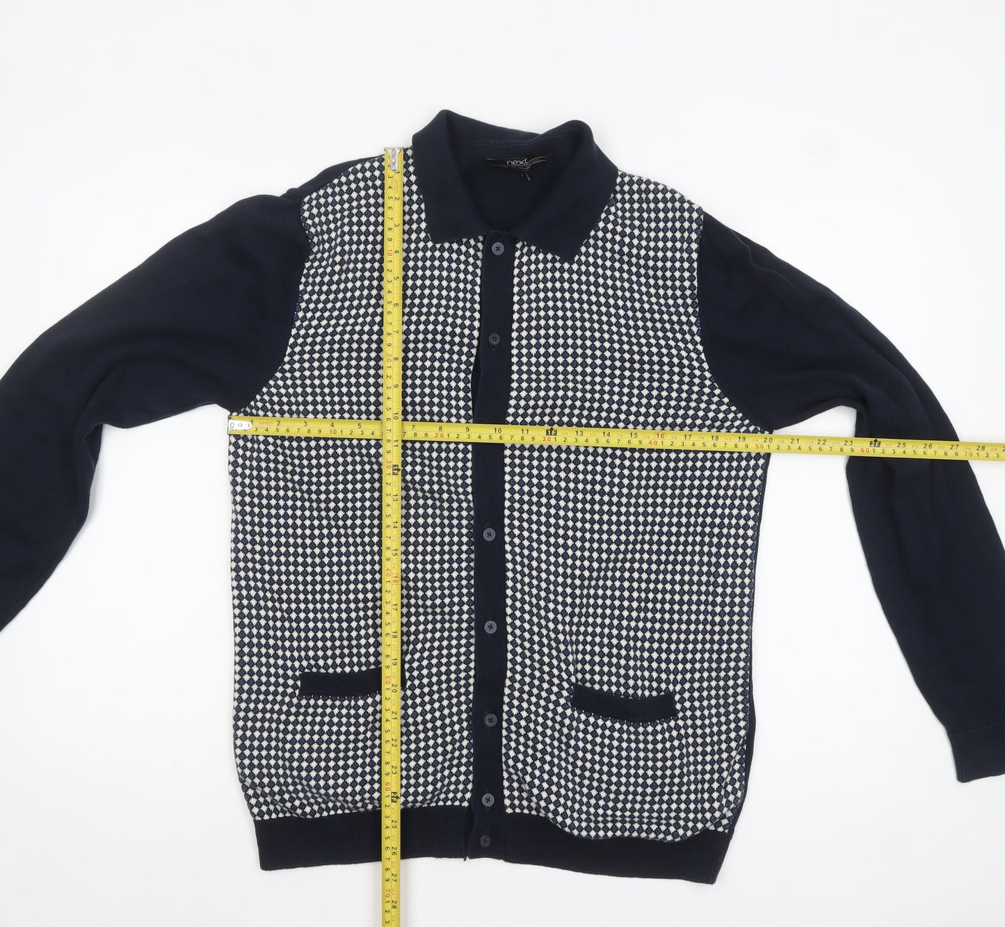 Next Men's Blue Collared Cotton Cardigan Large Geometric Knit
