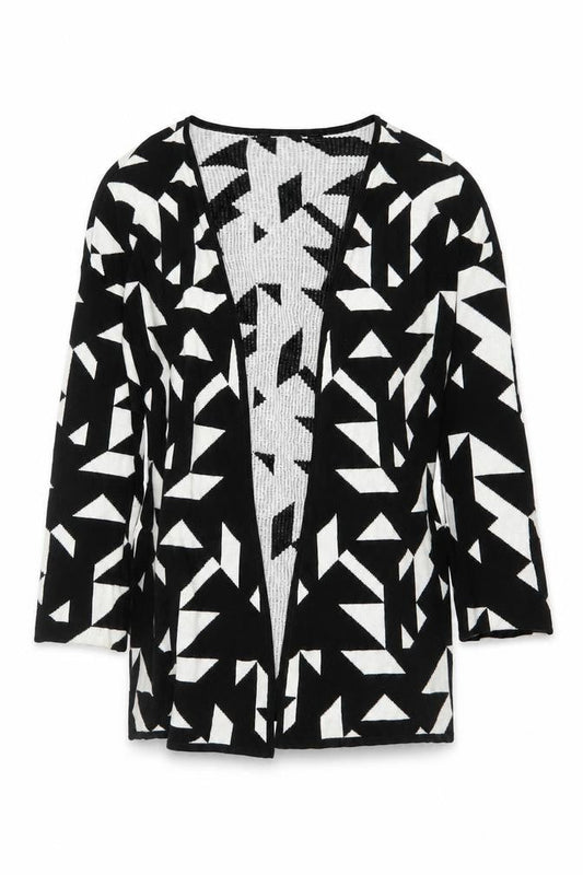 ESMARA Women Black White Geometric Open Knit Long Sleeve Cardigan Size 10/12