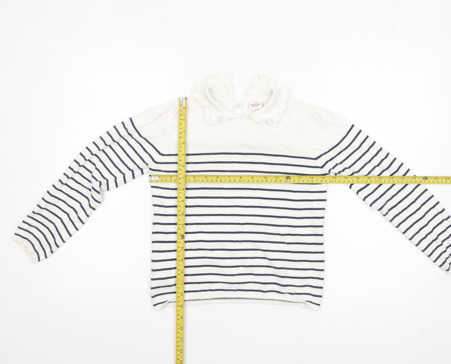 Tape à L’Oeil Girls Ivory Navy Striped Cotton Ruffle Neck Pullover Jumper 10 Years