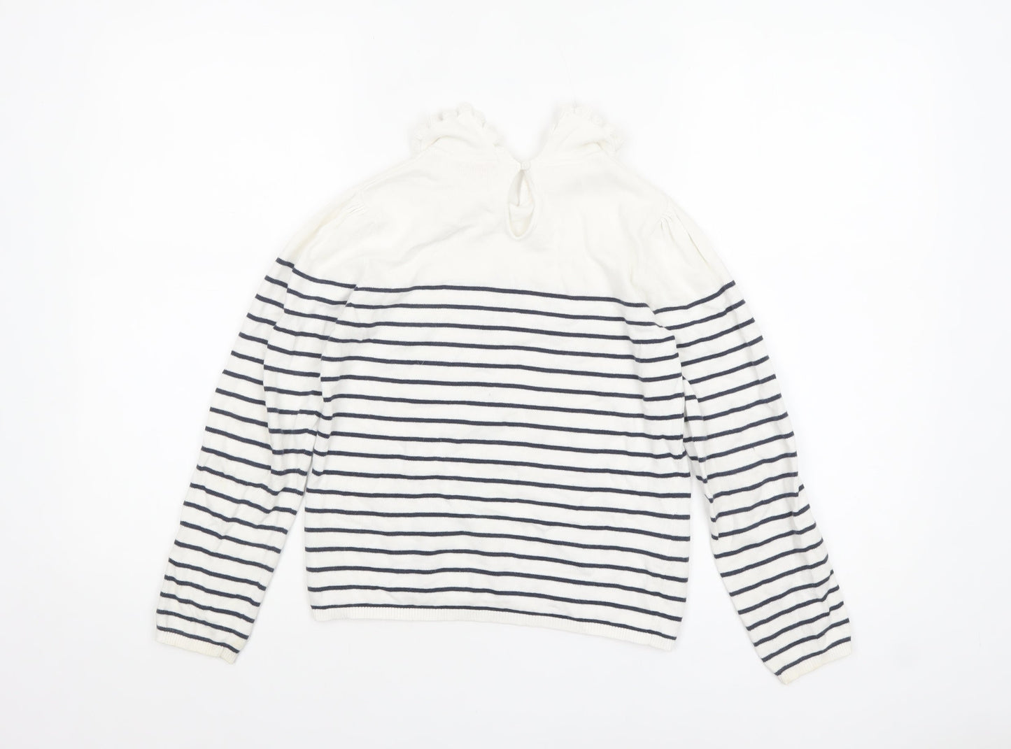 Tape à L’Oeil Girls Ivory Navy Striped Cotton Ruffle Neck Pullover Jumper 10 Years
