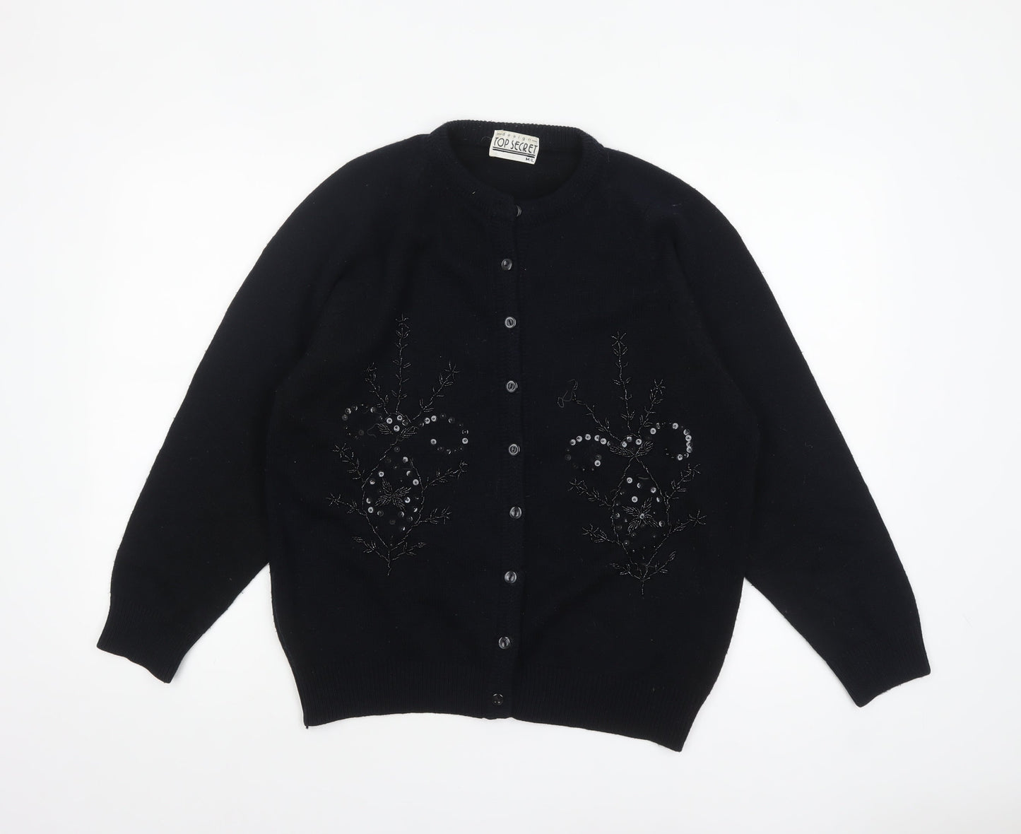 Top Secret Women Black Cardigan M/L Beaded Button Knit Classic Style