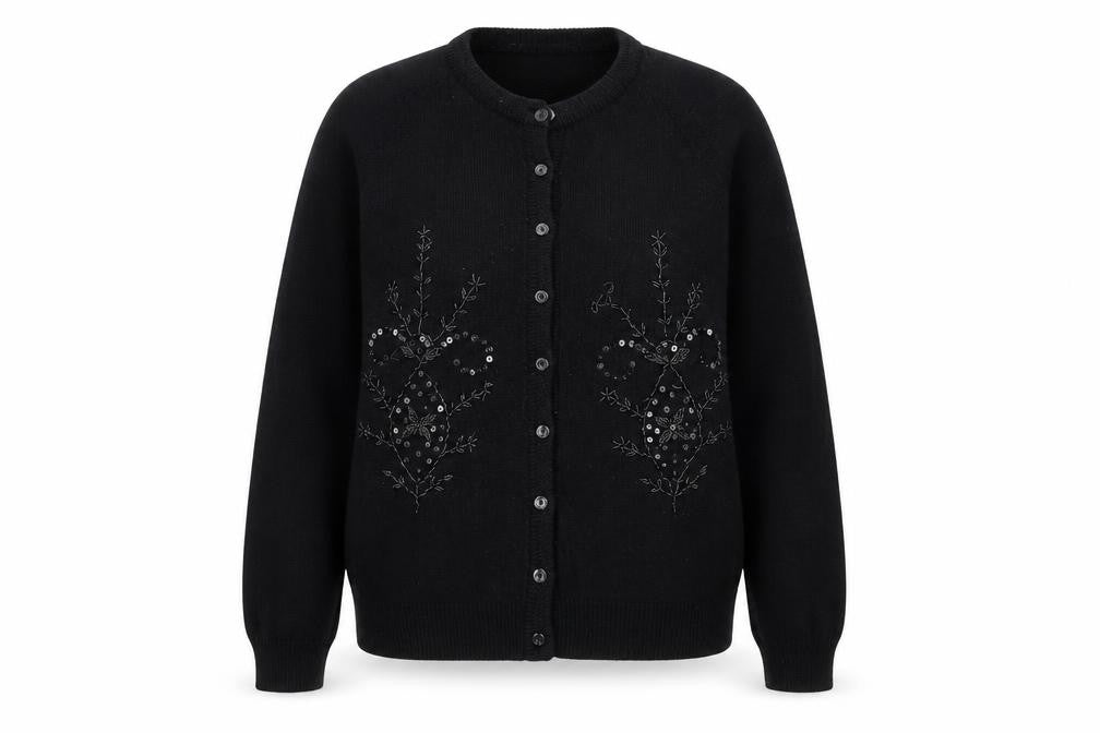 Top Secret Women Black Cardigan M/L Beaded Button Knit Classic Style