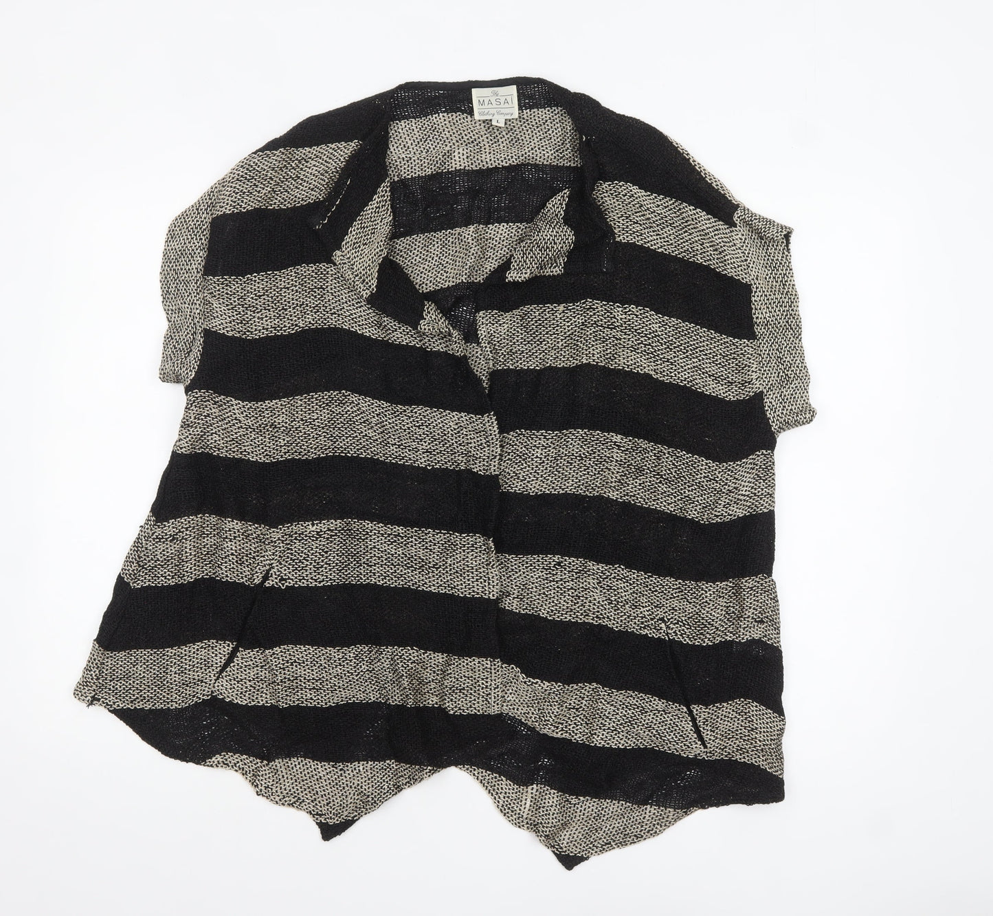Masai Women Black & Beige Striped Open Knit Cardigan Size L