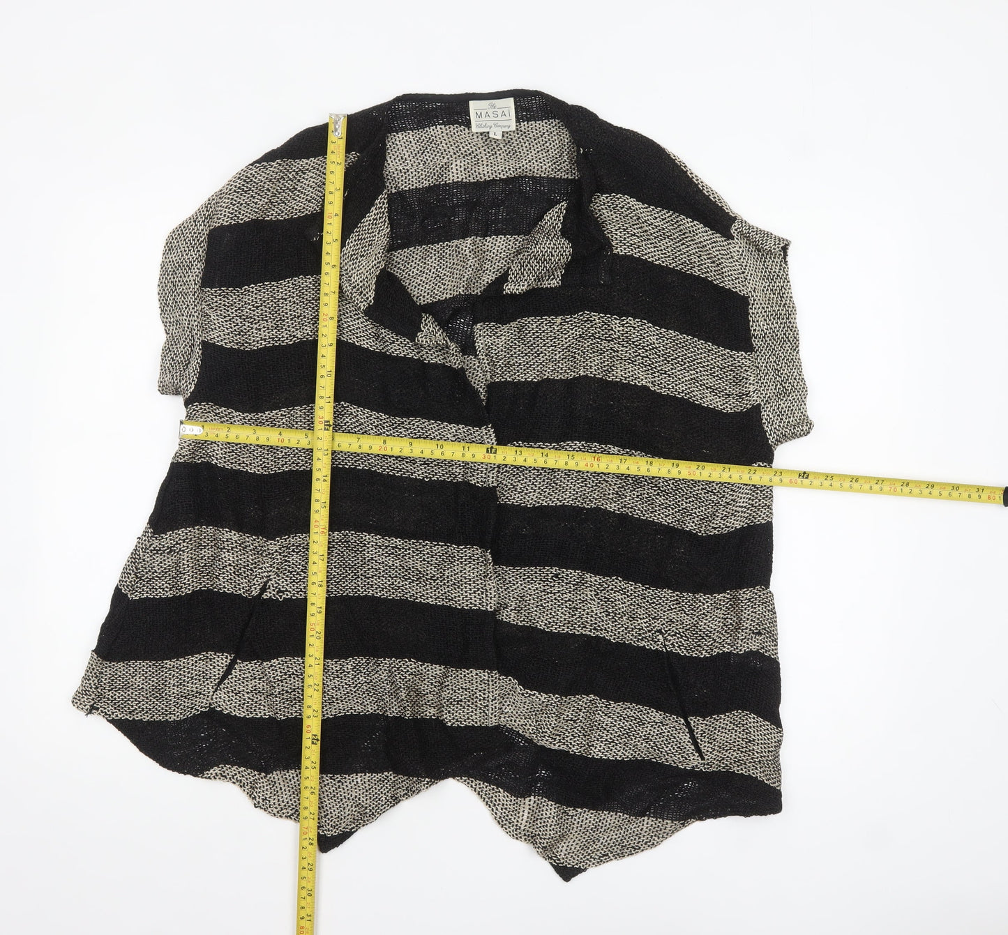 Masai Women Black & Beige Striped Open Knit Cardigan Size L