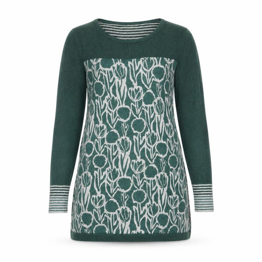 White Stuff Womens Green Floral Knit Tunic Jumper UK 8 Cotton Wool Blend