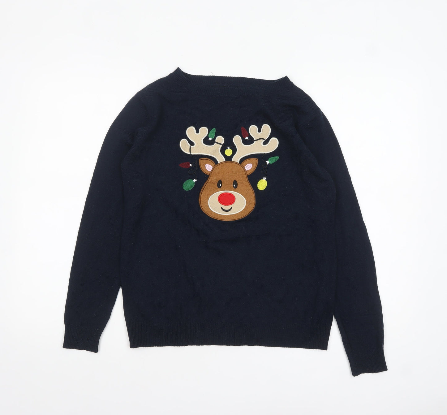 Atmosphere Women Navy Blue Christmas Reindeer Jumper Size S 6/8 Acrylic Knit