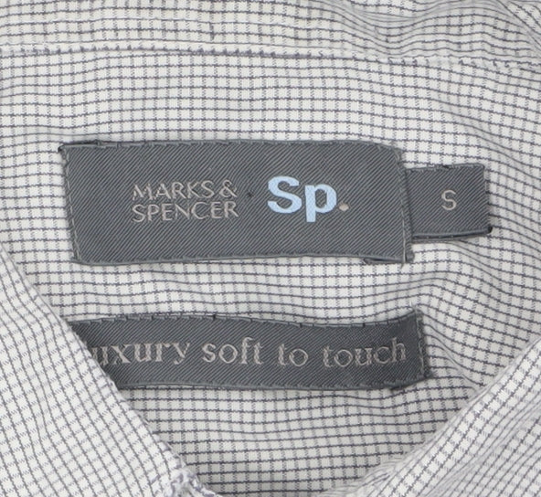 Marks and Spencer Men's Grey Check Short Sleeve Cotton Shirt Size S