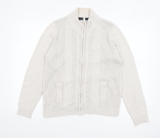 Isle Essentials Women's Beige Cotton Full Zip Cable Knit Jumper Size M 14-16