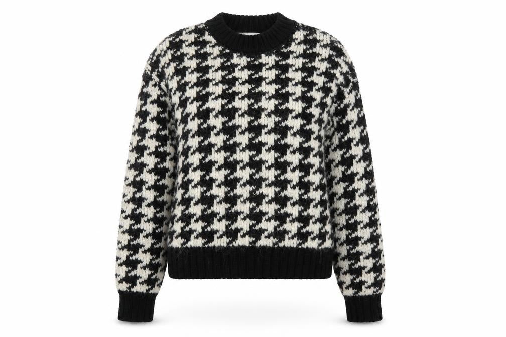 Zara Women Black Houndstooth Knit Jumper Size 12 Crew Neck Pullover