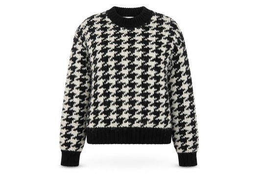 Zara Women Black Houndstooth Knit Jumper Size 12 Crew Neck Pullover