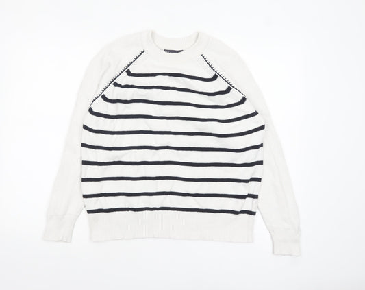 Marks and Spencer Women’s White Striped Cotton Crew Neck Jumper M