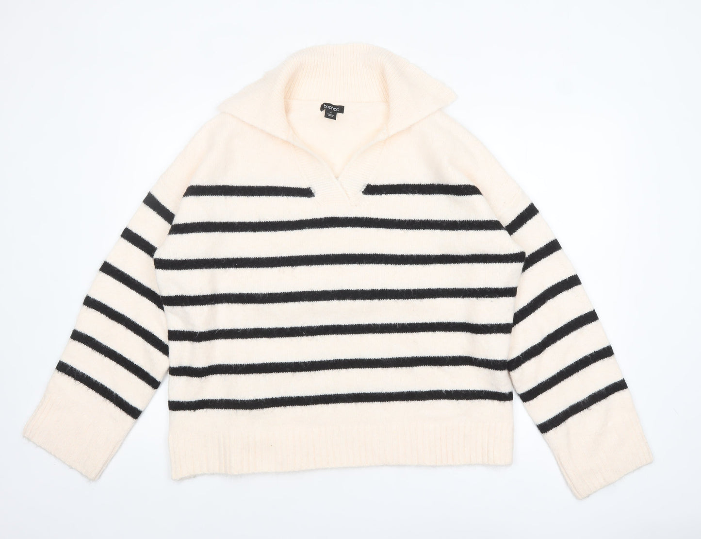 Boohoo Women Ivory Black Striped V-Neck Pullover Jumper Size M