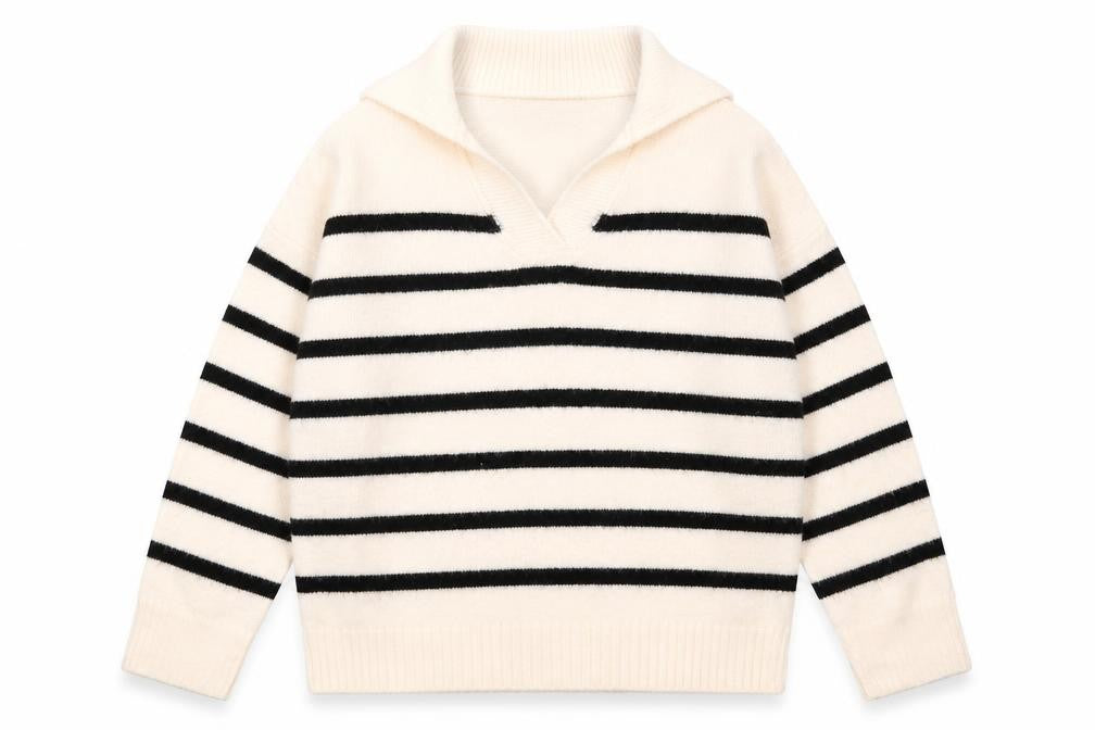 Boohoo Women Ivory Black Striped V-Neck Pullover Jumper Size M