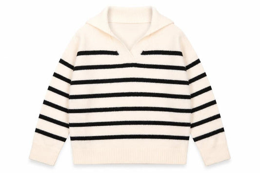 Boohoo Women Ivory Black Striped V-Neck Pullover Jumper Size M
