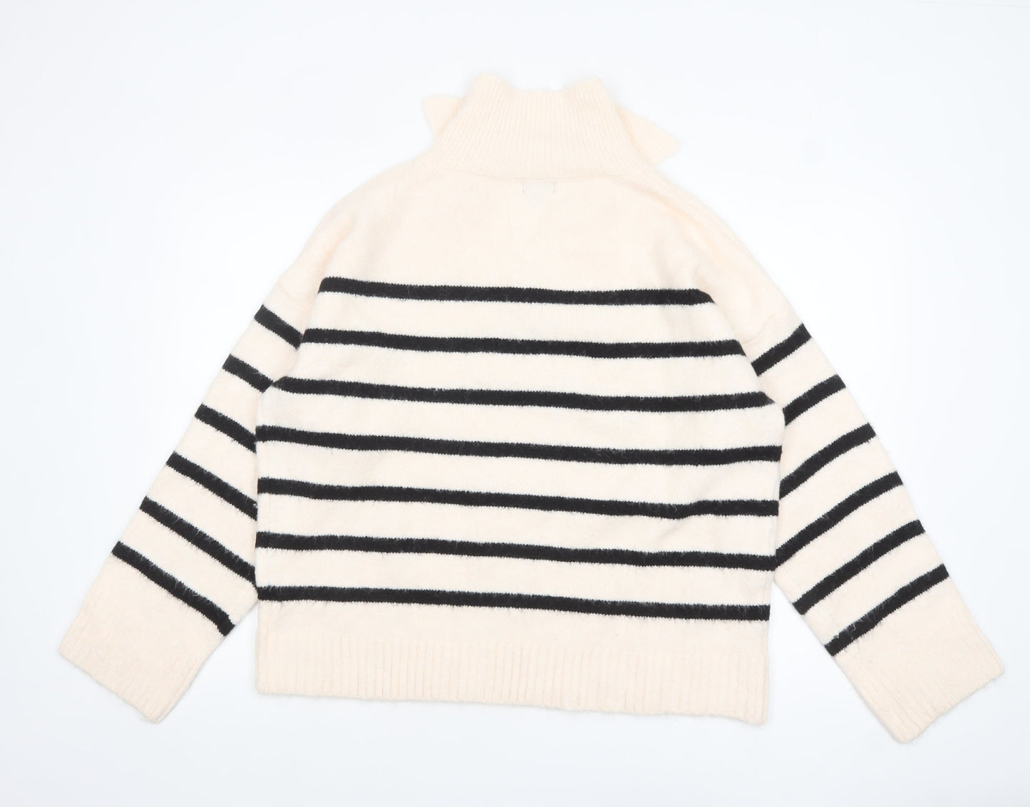 Boohoo Women Ivory Black Striped V-Neck Pullover Jumper Size M