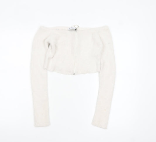 Bershka Women White Full Zip Long Sleeve Boat Neck Jumper Size 12