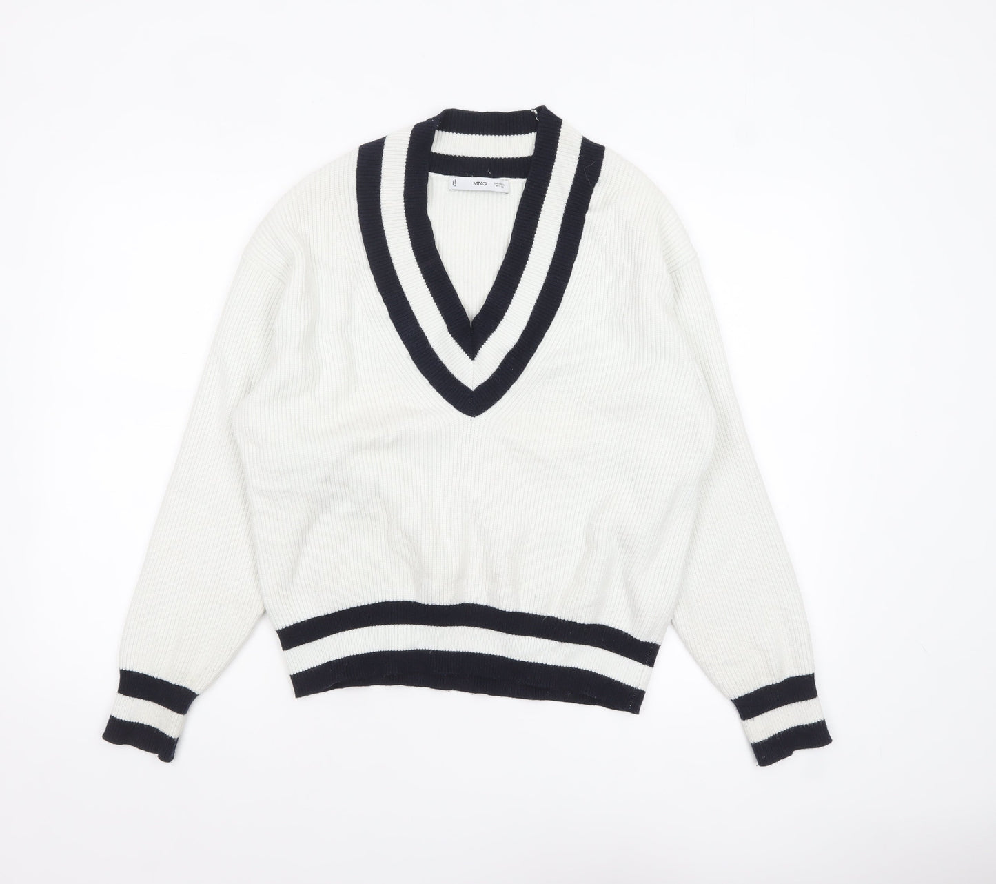 MNG Women's White V-Neck Ribbed Knit Pullover Jumper XL