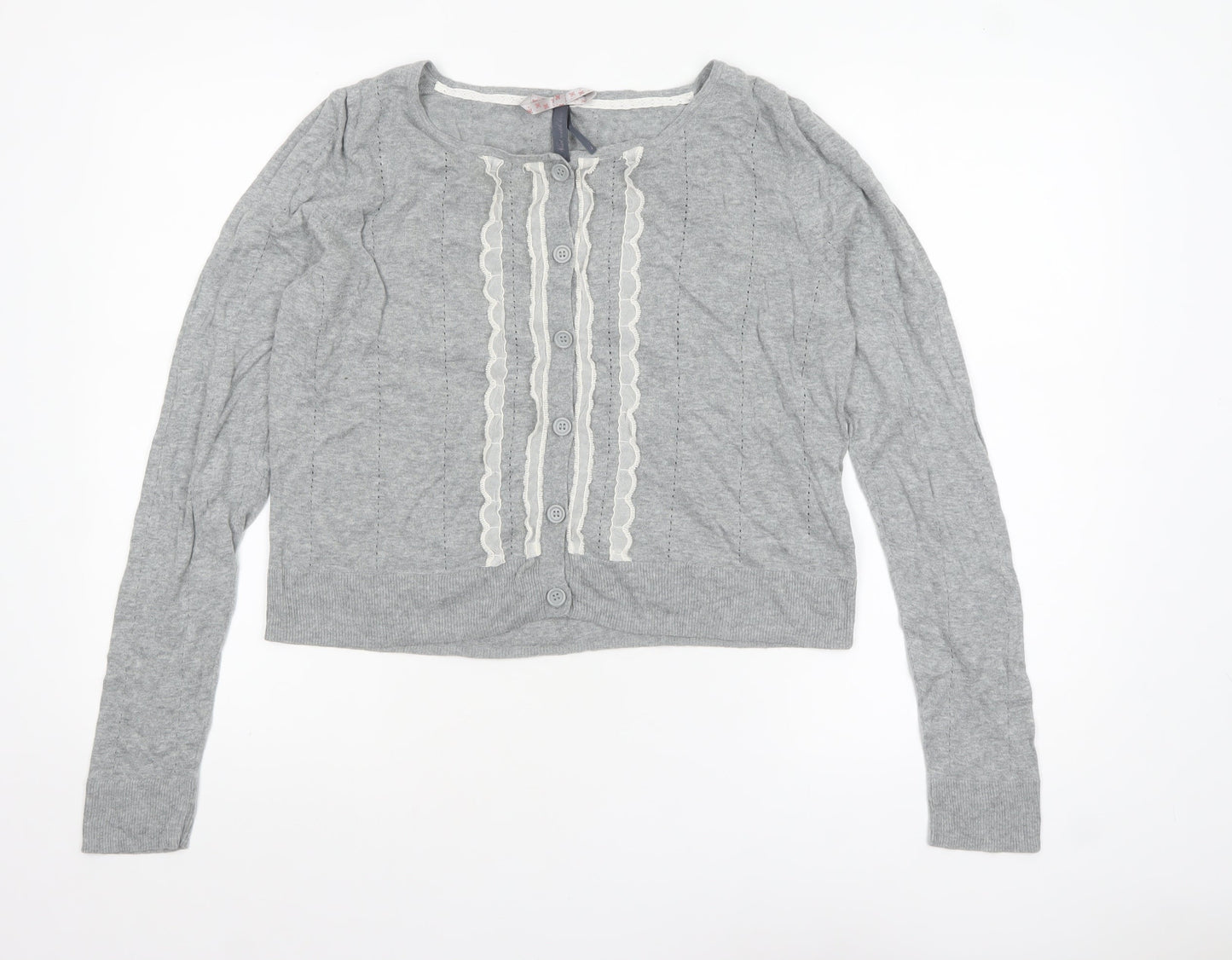 Next Women’s Grey Cotton Cardigan Size 18 Long Sleeve Ruffle Trim