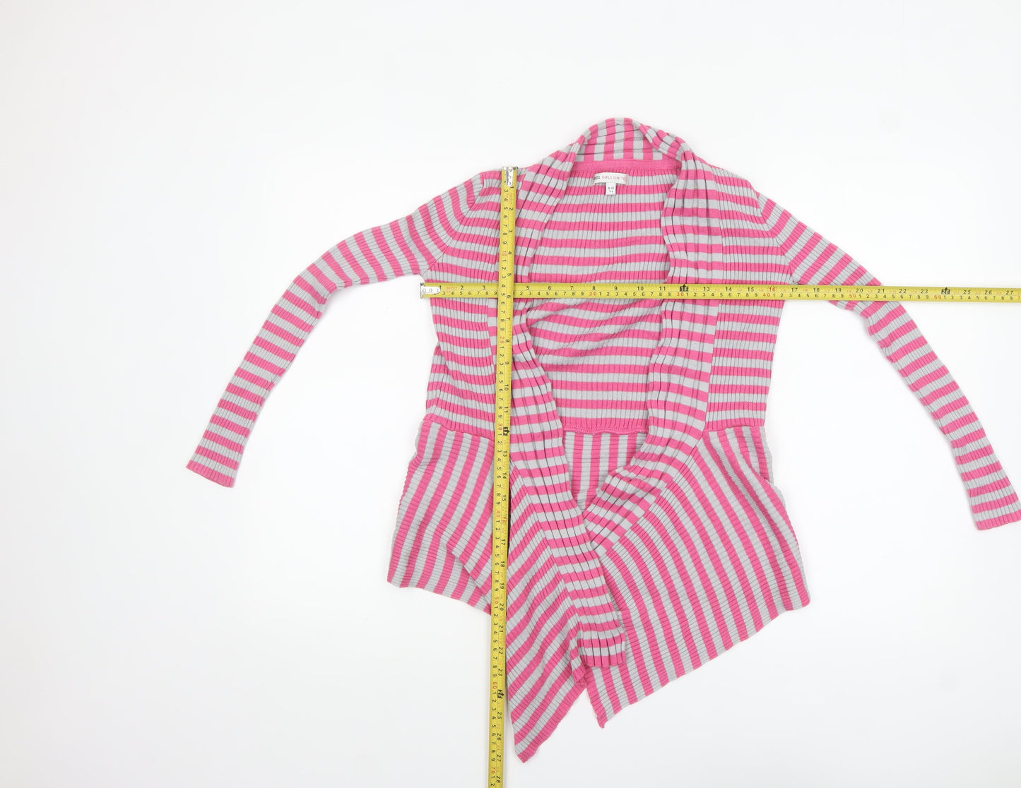 Marks and Spencer Girls Pink Grey Striped Cardigan 9-10 Years Acrylic Cotton