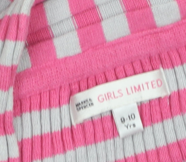 Marks and Spencer Girls Pink Grey Striped Cardigan 9-10 Years Acrylic Cotton
