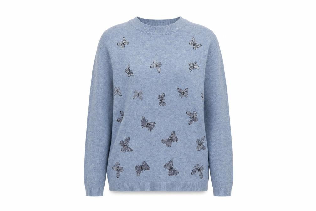 Etoile Women's Blue Butterfly Embroidered Crew Neck Wool Blend Jumper M