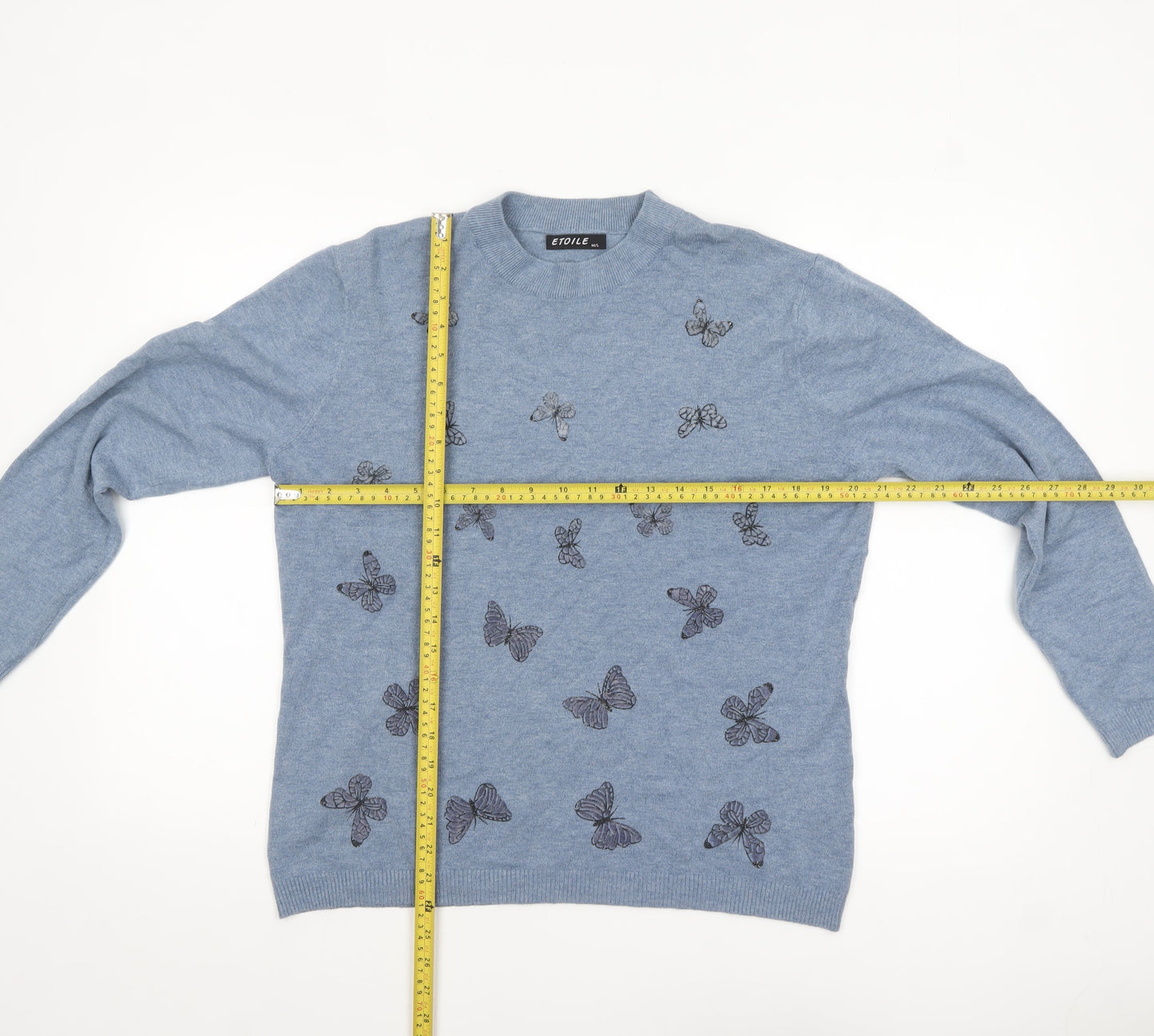Etoile Women's Blue Butterfly Embroidered Crew Neck Wool Blend Jumper M