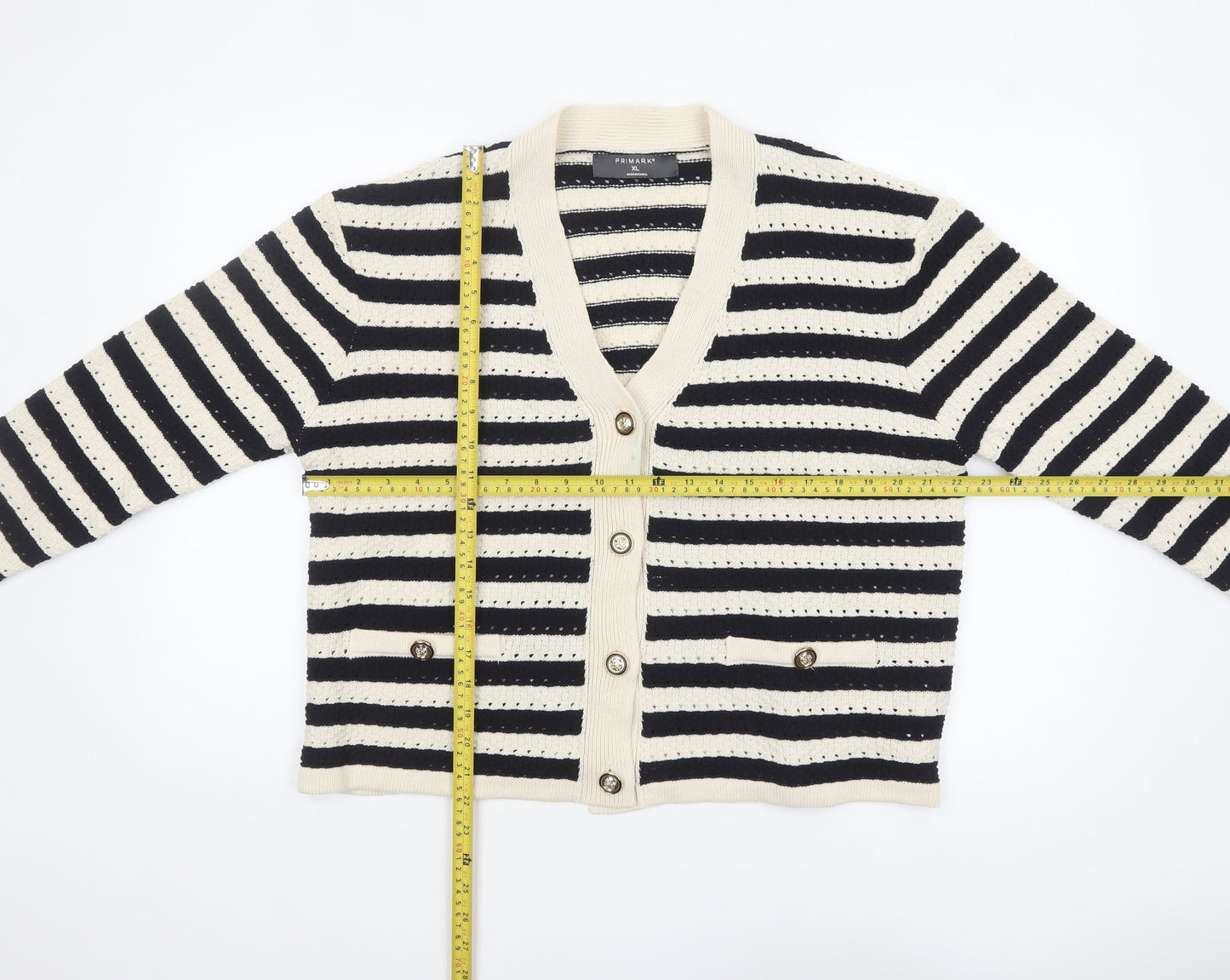 Primark Women Black & Beige Striped V-Neck Cardigan XL Acrylic Knit