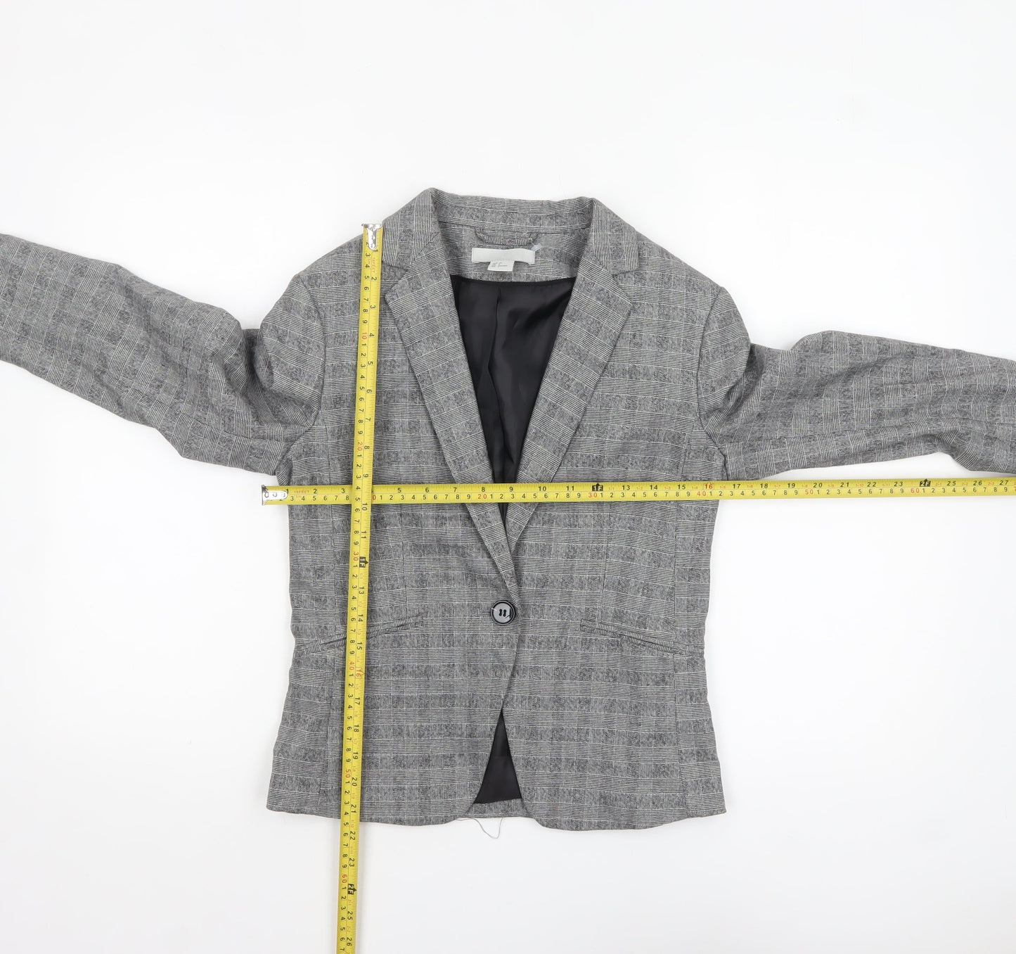 H&M Women Grey Checked Single-Breasted Blazer UK 8 Classic Fit