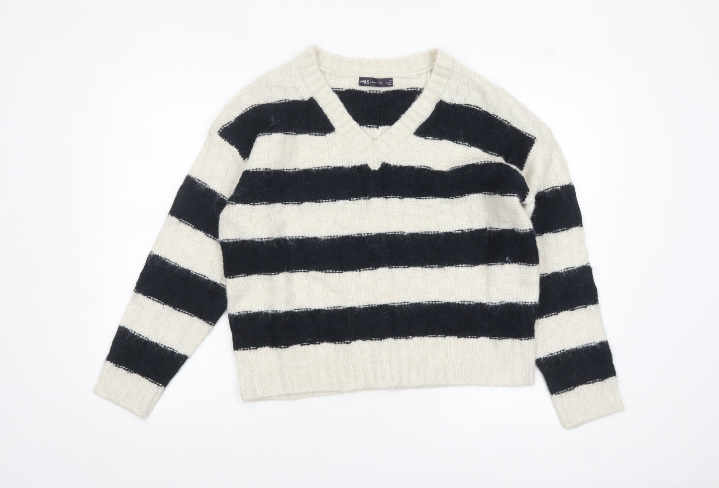 Marks and Spencer Women’s Black Ivory Striped V-Neck Knit Jumper M