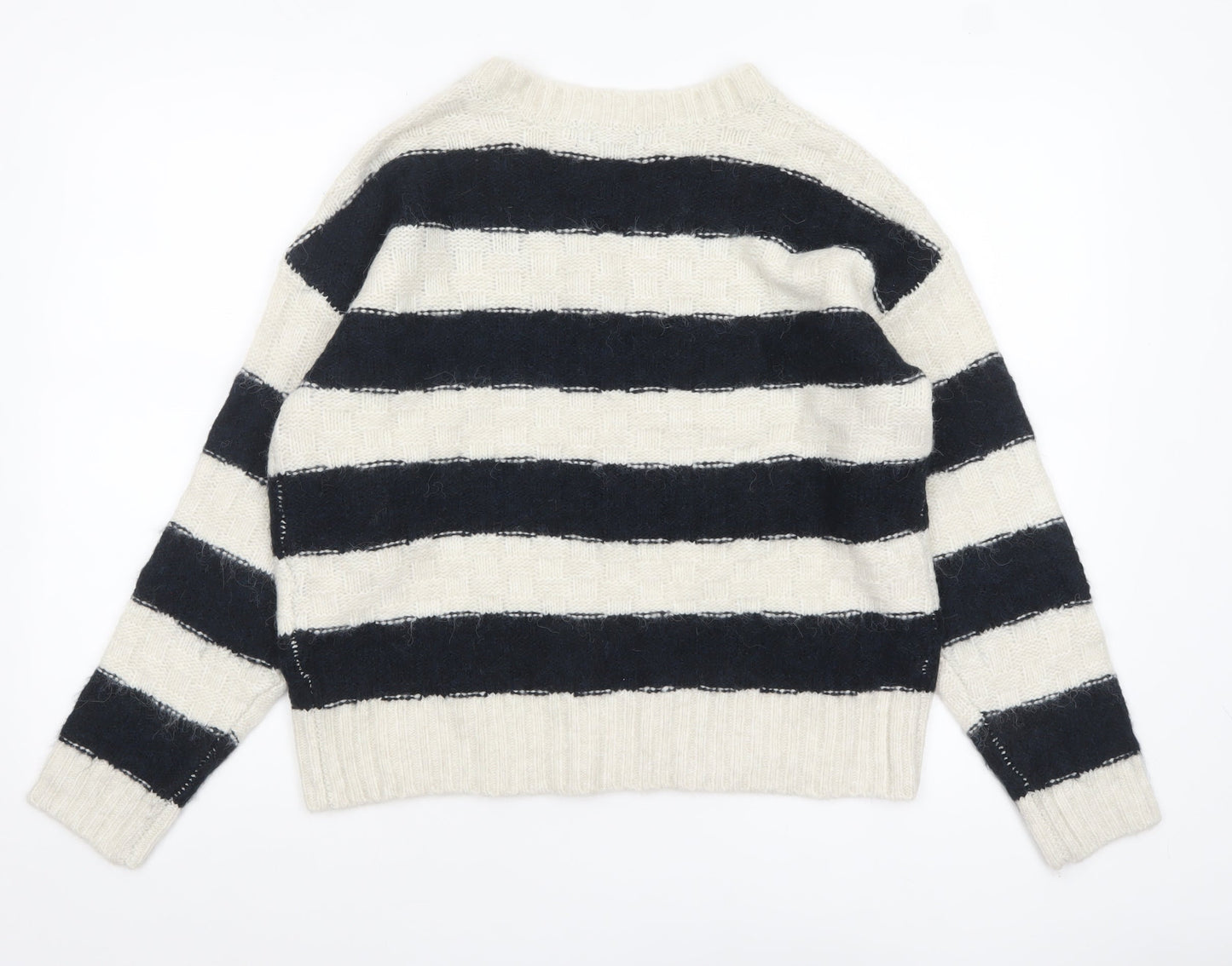 Marks and Spencer Women’s Black Ivory Striped V-Neck Knit Jumper M