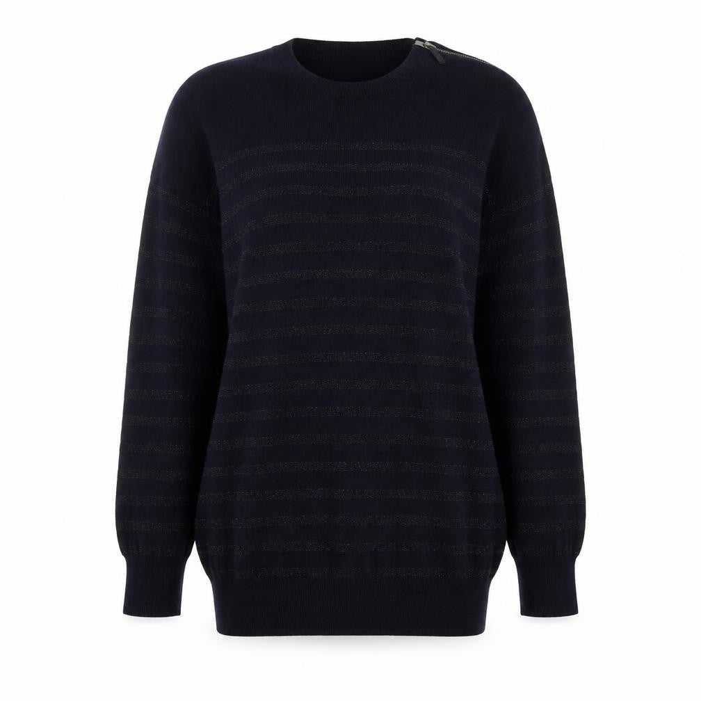 The White Company Women's Black Merino Wool Striped Crew Neck Jumper Size M