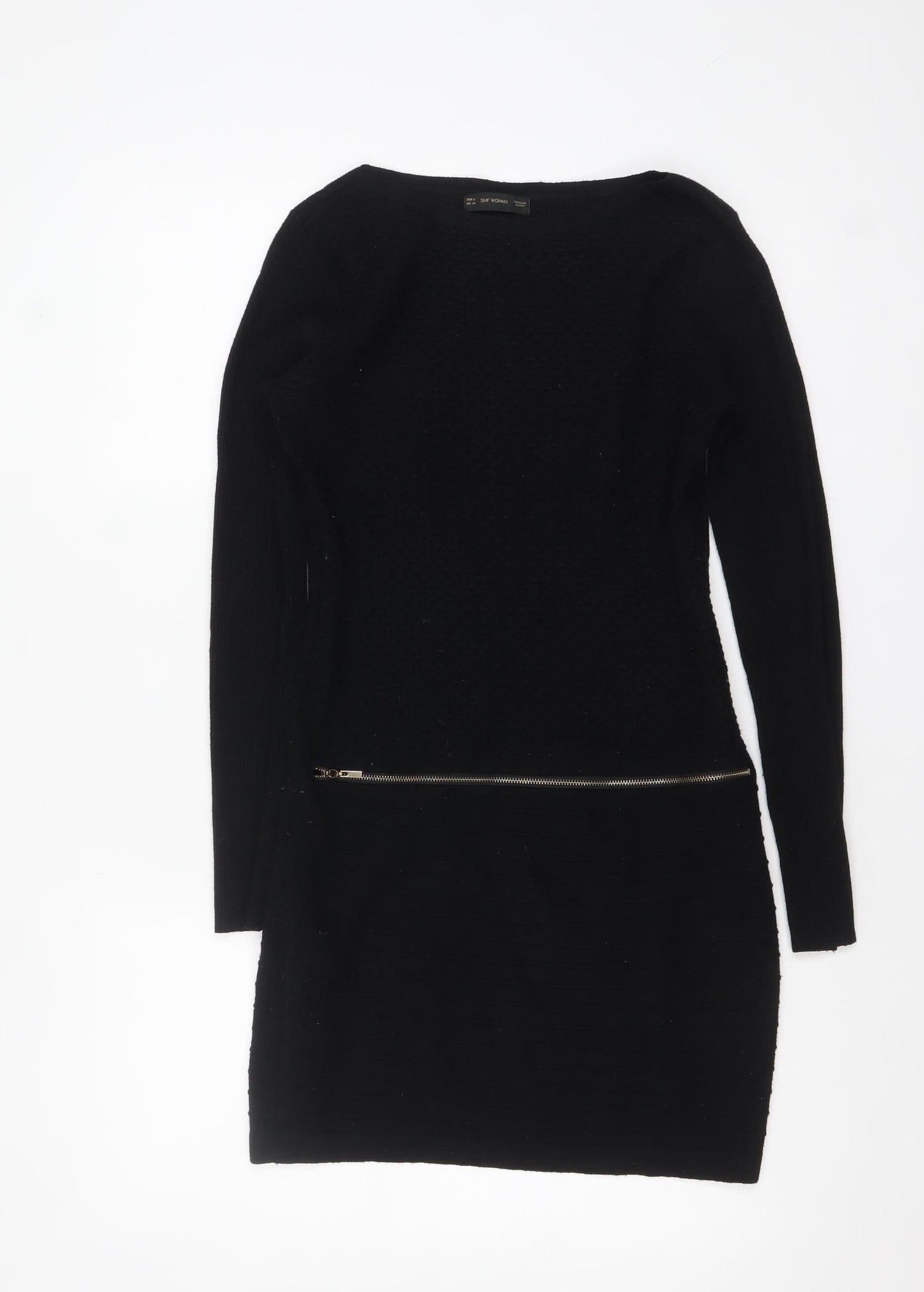 SMF Woman Black Bodycon Knit Long Sleeve Short Dress UK 14